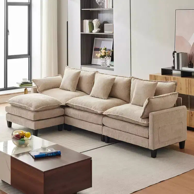 Acekool Divano Sezionale a L Oversize, Divano Modulare a 3 Posti in Ciniglia con Seduta Profonda e Pouf, Comodo Divano Convertibile per Soggiorno