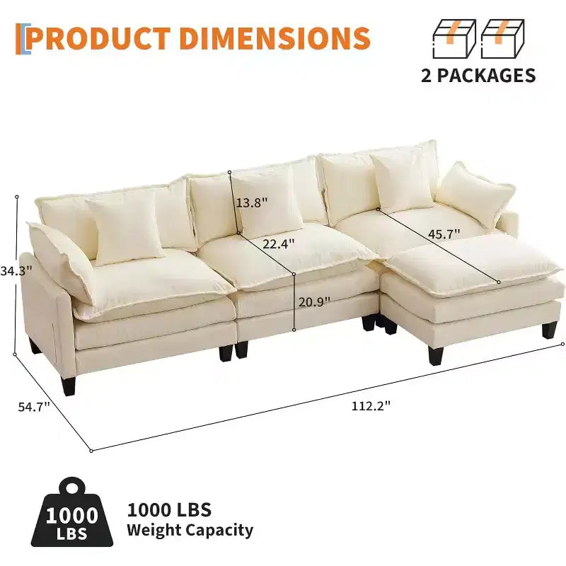 Acekool Divano Sezionale a L Oversize, Divano Modulare a 3 Posti in Ciniglia con Seduta Profonda e Pouf, Comodo Divano Convertibile per Soggiorno