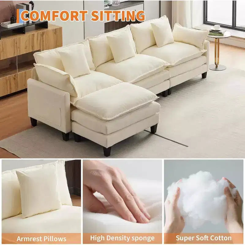 Acekool Divano Sezionale a L Oversize, Divano Modulare a 3 Posti in Ciniglia con Seduta Profonda e Pouf, Comodo Divano Convertibile per Soggiorno