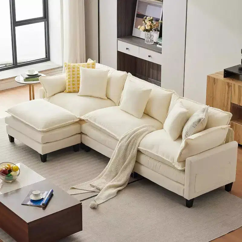 Acekool Divano Sezionale a L Oversize, Divano Modulare a 3 Posti in Ciniglia con Seduta Profonda e Pouf, Comodo Divano Convertibile per Soggiorno