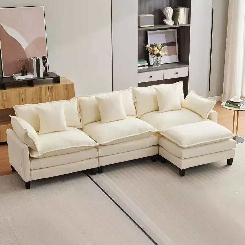 Acekool Divano Sezionale a L Oversize, Divano Modulare a 3 Posti in Ciniglia con Seduta Profonda e Pouf, Comodo Divano Convertibile per Soggiorno