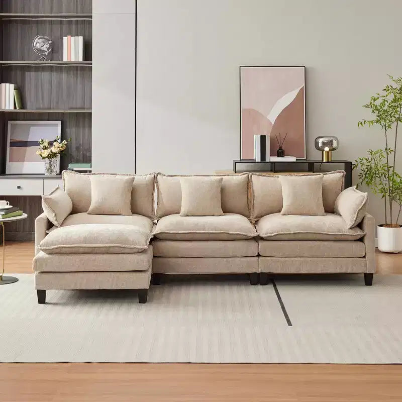 Acekool Divano Sezionale a L Oversize, Divano Modulare a 3 Posti in Ciniglia con Seduta Profonda e Pouf, Comodo Divano Convertibile per Soggiorno