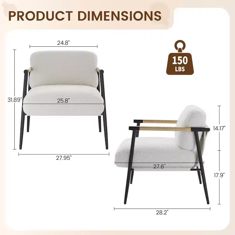 Sedia Decorativa Moderna, Struttura in Metallo e Braccioli in Legno, Sedia da Lettura Imbottita per Camere da Letto e Salotti, Ergonomica, Singola Bianca