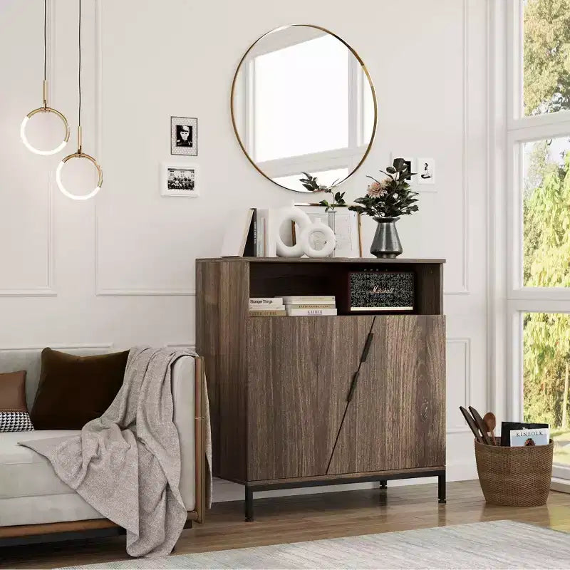 Madia credenza, credenza buffet in legno Morden, mobile contenitore con anta obliqua e ripiani regolabili marrone