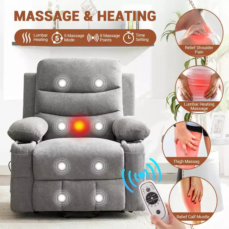 Poltrona reclinabile Power Lift, poltrone reclinabili elettriche oversize per anziani con funzione di riscaldamento e massaggio, portabicchieri, tasca laterale, poltrona singola per soggiorno