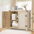 31.5 in Rattan Buffet Cabinet, Boho Farmhouse Sideboard with Adjustable Shelves and Handle for, Kitchen, Living Room, Wood
