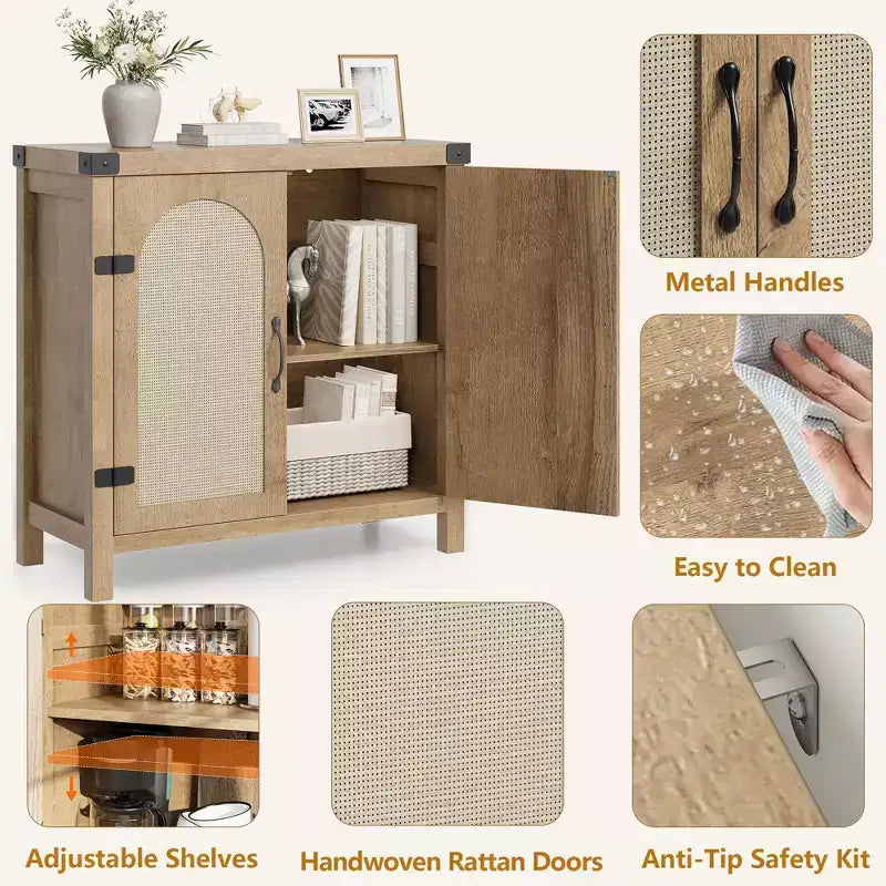 Madia a buffet in rattan da 31,5 pollici, credenza Boho Farmhouse con ripiani regolabili e maniglie per cucina, soggiorno, legno