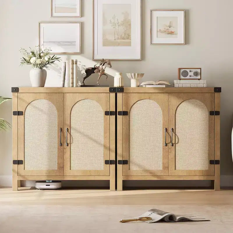 Madia a buffet in rattan da 31,5 pollici, credenza Boho Farmhouse con ripiani regolabili e maniglie per cucina, soggiorno, legno