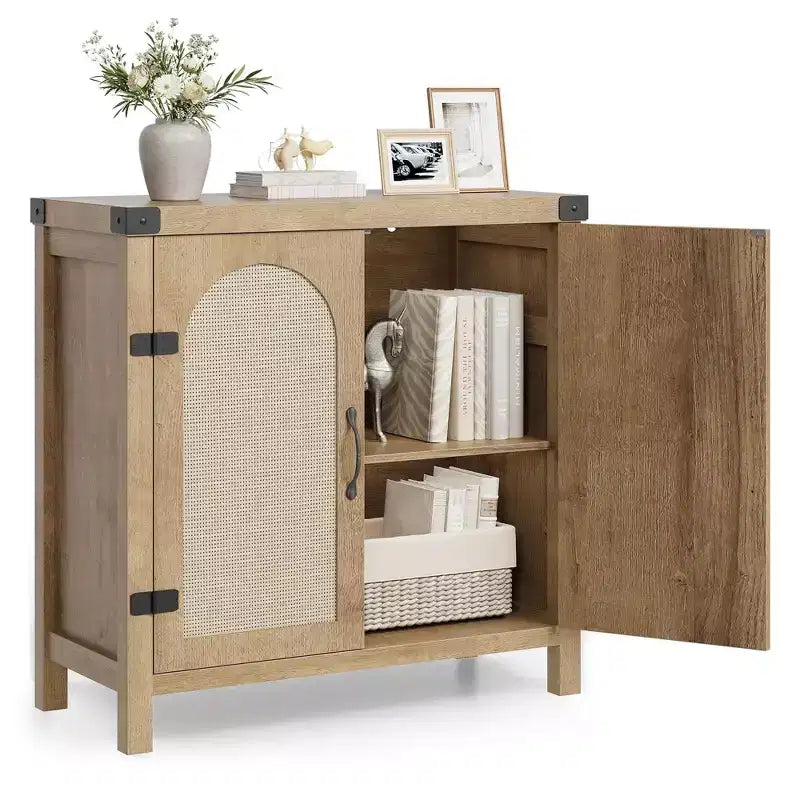 Madia a buffet in rattan da 31,5 pollici, credenza Boho Farmhouse con ripiani regolabili e maniglie per cucina, soggiorno, legno
