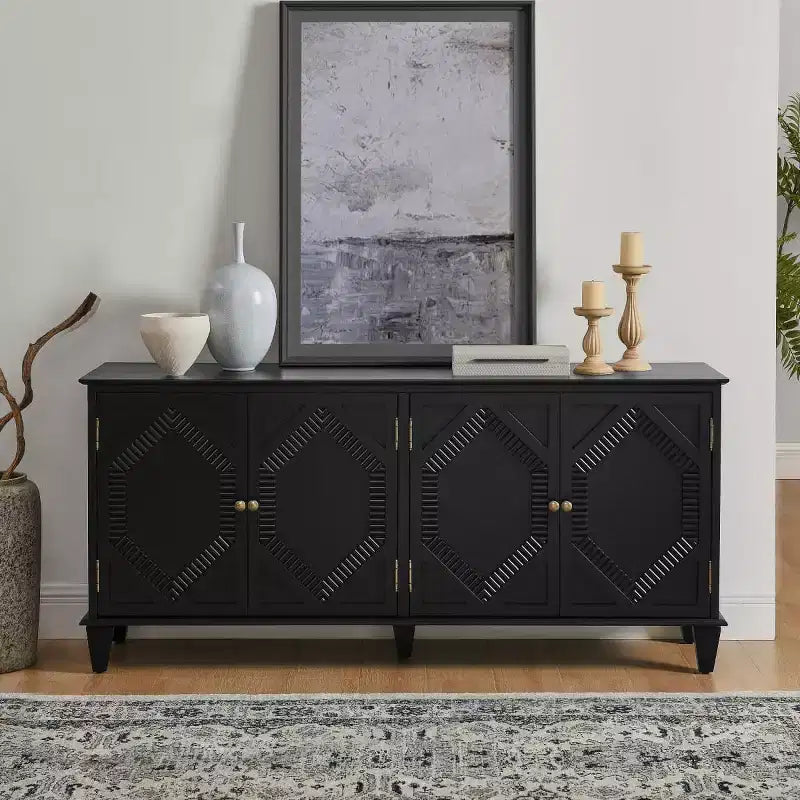 65 Mid-Century Modern Sideboard Buffet Cabinet, Large Storage Console Table with Geometric Doors and Adjustable Shelf - Panipeachy