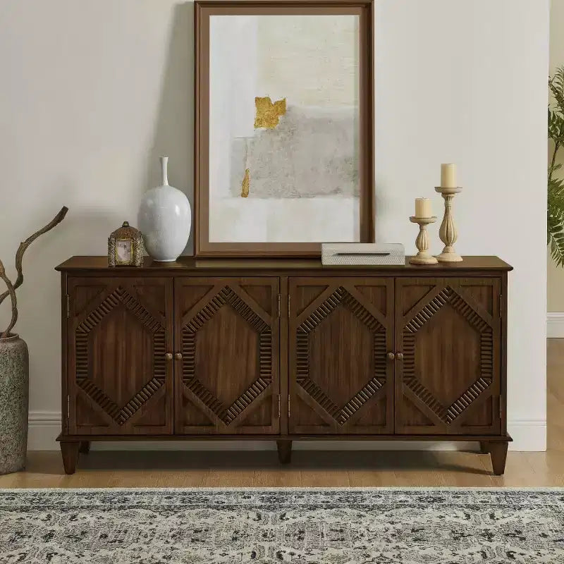 65 Buffet Mid-Century Modern, Grand meuble console de rangement avec portes géométriques et étagère réglable - Panipeachy