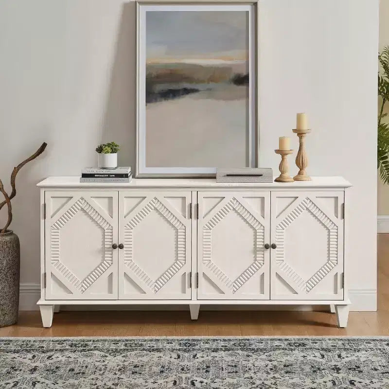 65 Buffet Mid-Century Modern, Grand meuble console de rangement avec portes géométriques et étagère réglable - Panipeachy