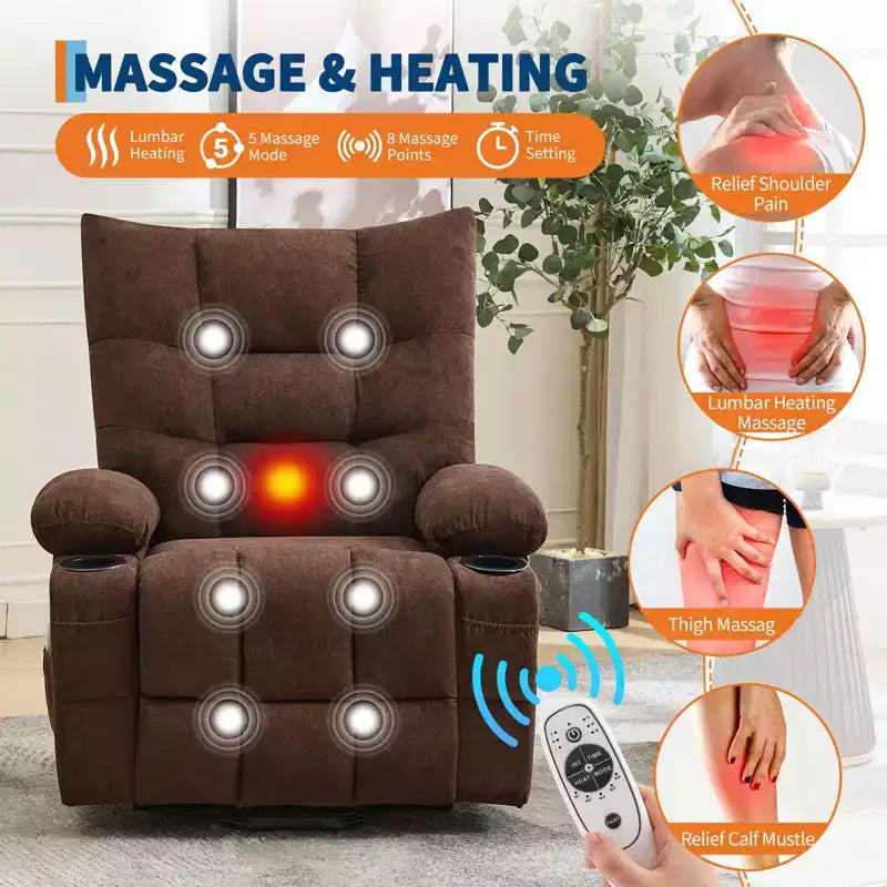 Fauteuil inclinable releveur électrique pour personnes âgées – Fauteuil inclinable de massage et chauffant avec aide au lever à 45°, canapé de salon, fauteuil à bascule pivotant avec porte-gobelets