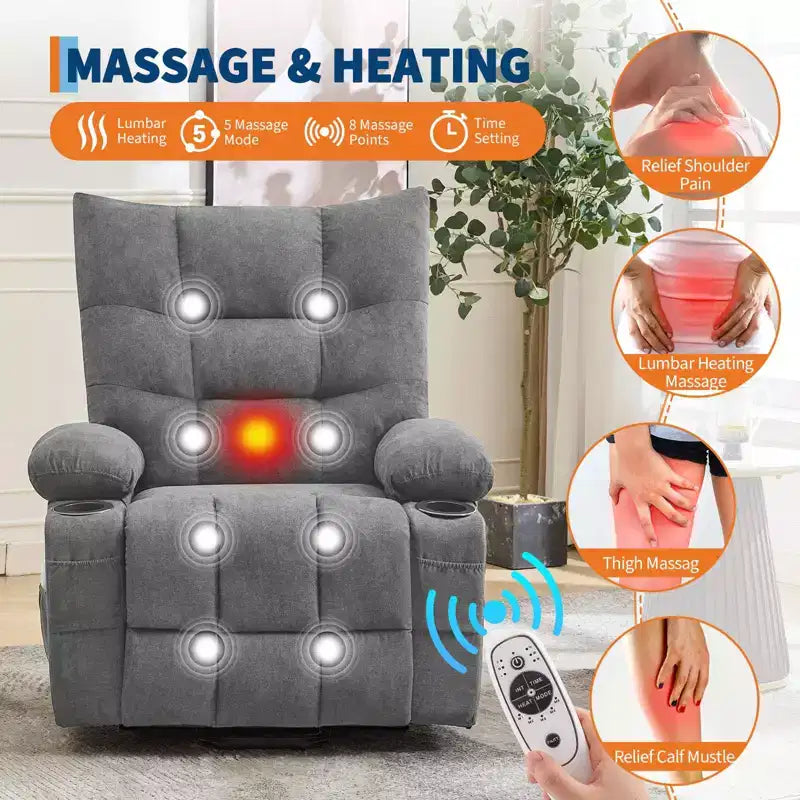 Fauteuil inclinable releveur électrique pour personnes âgées – Fauteuil inclinable de massage et chauffant avec aide au lever à 45°, canapé de salon, fauteuil à bascule pivotant avec porte-gobelets