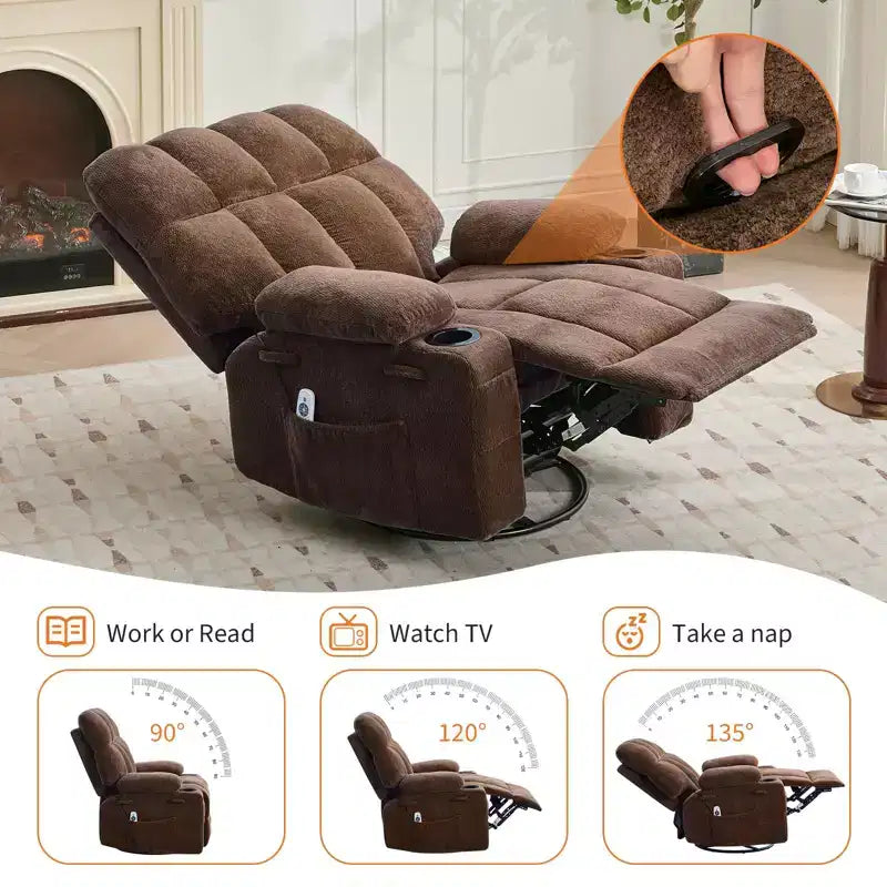 Fauteuil inclinable de massage surdimensionné ultra-confortable avec chauffage, pivotant manuel, support lombaire, poches latérales et deux porte-gobelets pour personnes fortes et de grande taille