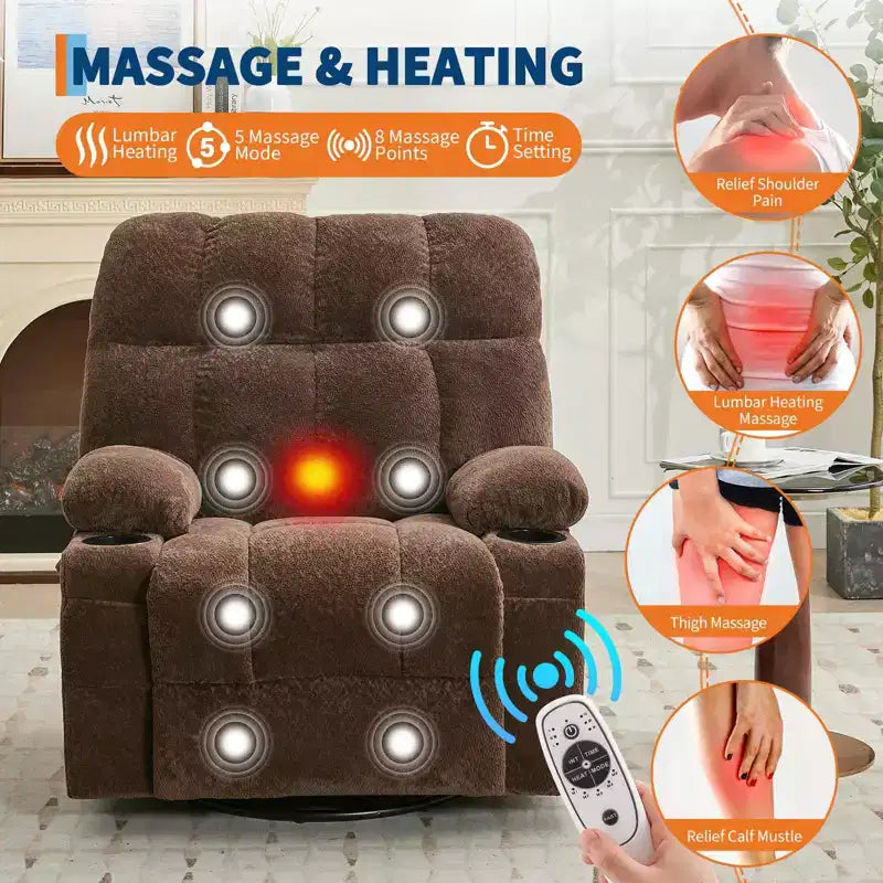 Fauteuil inclinable de massage surdimensionné ultra-confortable avec chauffage, pivotant manuel, support lombaire, poches latérales et deux porte-gobelets pour personnes fortes et de grande taille
