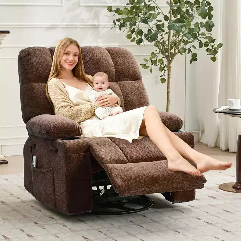Fauteuil inclinable de massage surdimensionné ultra-confortable avec chauffage, pivotant manuel, support lombaire, poches latérales et deux porte-gobelets pour personnes fortes et de grande taille