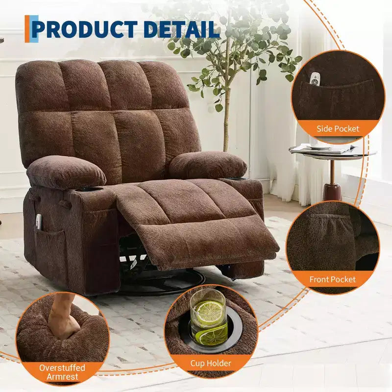 Fauteuil inclinable de massage surdimensionné ultra-confortable avec chauffage, pivotant manuel, support lombaire, poches latérales et deux porte-gobelets pour personnes fortes et de grande taille