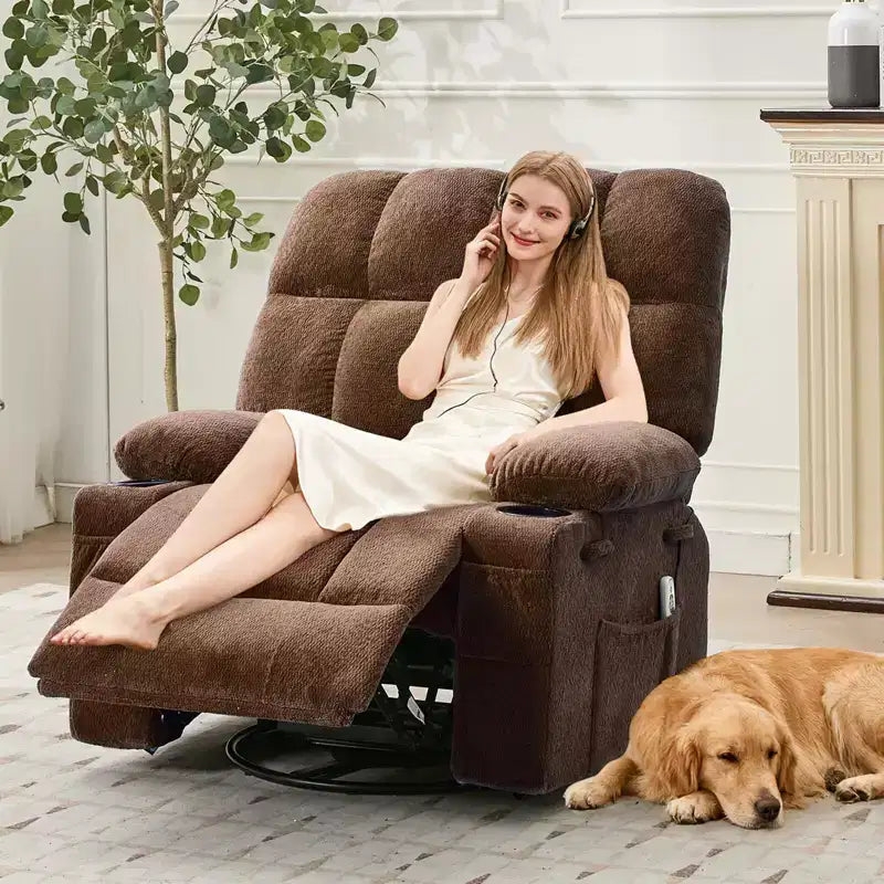Fauteuil inclinable de massage surdimensionné ultra-confortable avec chauffage, pivotant manuel, support lombaire, poches latérales et deux porte-gobelets pour personnes fortes et de grande taille