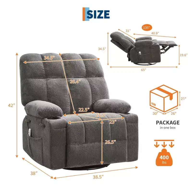 Fauteuil inclinable de massage surdimensionné ultra-confortable avec chauffage, pivotant manuel, support lombaire, poches latérales et deux porte-gobelets pour personnes fortes et de grande taille