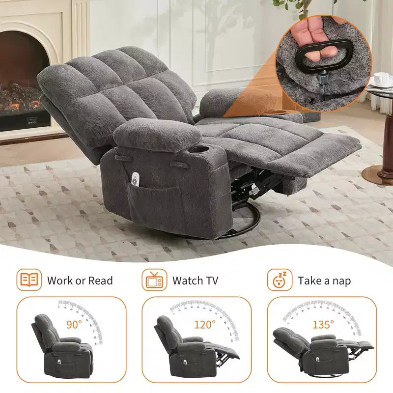 Fauteuil inclinable de massage surdimensionné ultra-confortable avec chauffage, pivotant manuel, support lombaire, poches latérales et deux porte-gobelets pour personnes fortes et de grande taille