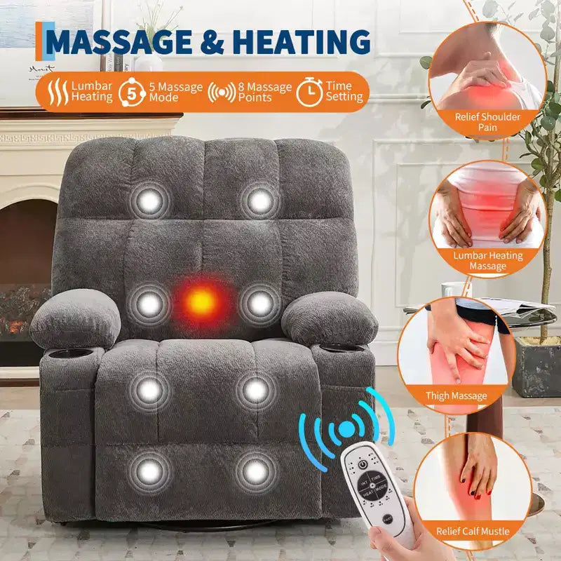 Fauteuil inclinable de massage surdimensionné ultra-confortable avec chauffage, pivotant manuel, support lombaire, poches latérales et deux porte-gobelets pour personnes fortes et de grande taille