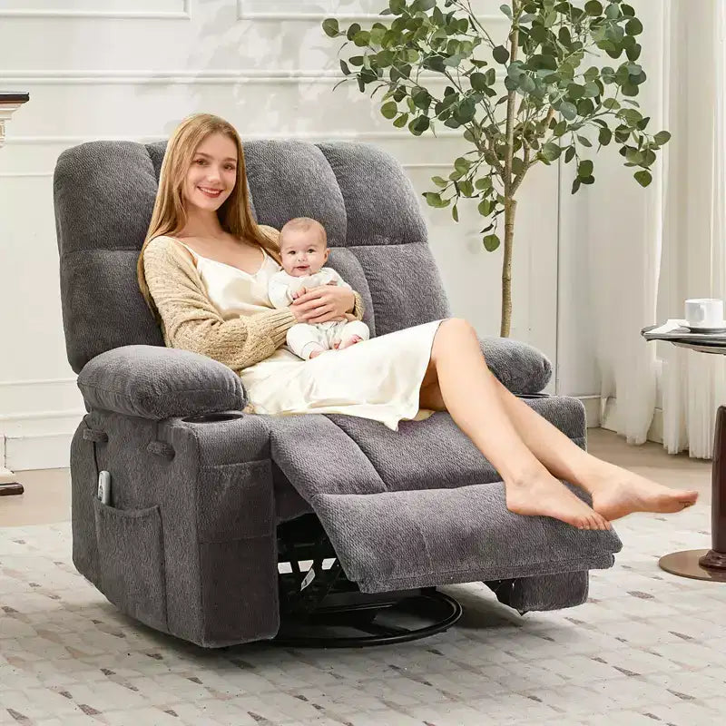 Fauteuil inclinable de massage surdimensionné ultra-confortable avec chauffage, pivotant manuel, support lombaire, poches latérales et deux porte-gobelets pour personnes fortes et de grande taille