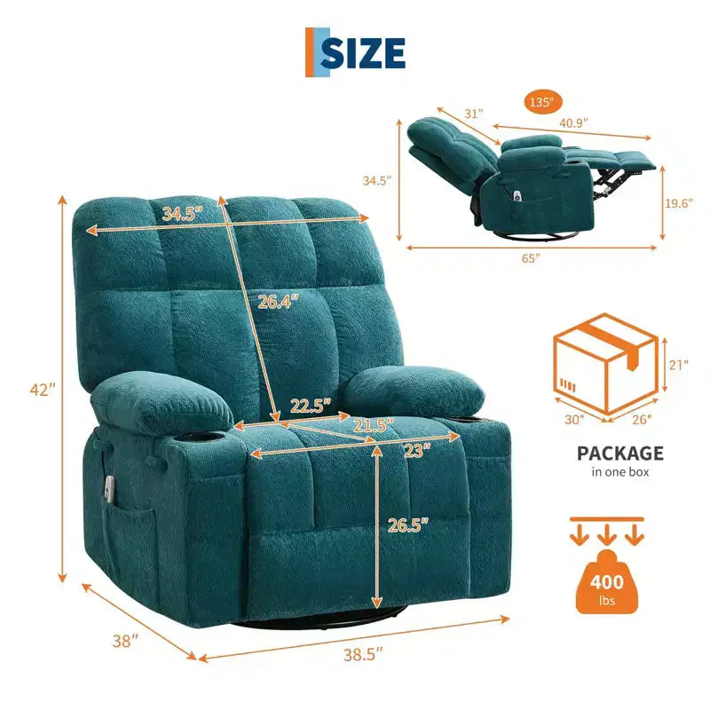 Fauteuil inclinable de massage surdimensionné ultra-confortable avec chauffage, pivotant manuel, support lombaire, poches latérales et deux porte-gobelets pour personnes fortes et de grande taille