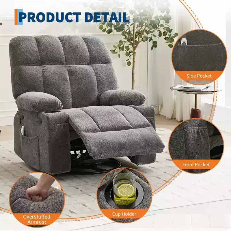 Fauteuil inclinable de massage surdimensionné ultra-confortable avec chauffage, pivotant manuel, support lombaire, poches latérales et deux porte-gobelets pour personnes fortes et de grande taille