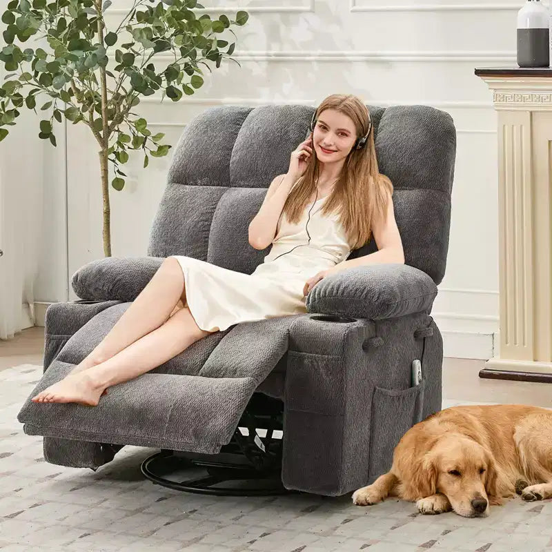Fauteuil inclinable de massage surdimensionné ultra-confortable avec chauffage, pivotant manuel, support lombaire, poches latérales et deux porte-gobelets pour personnes fortes et de grande taille