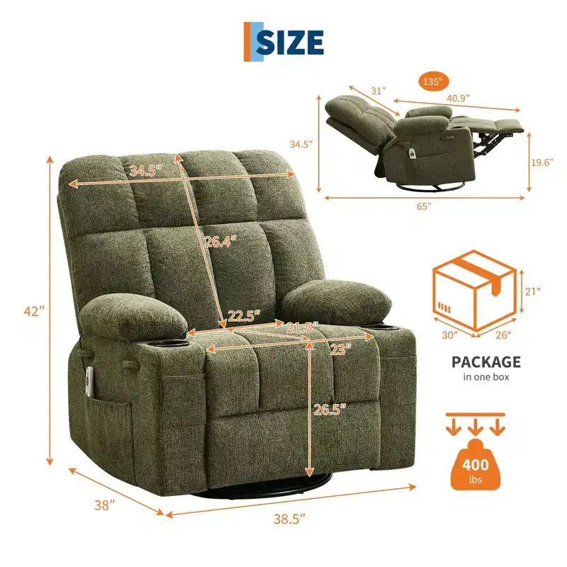 Fauteuil inclinable de massage surdimensionné ultra-confortable avec chauffage, pivotant manuel, support lombaire, poches latérales et deux porte-gobelets pour personnes fortes et de grande taille