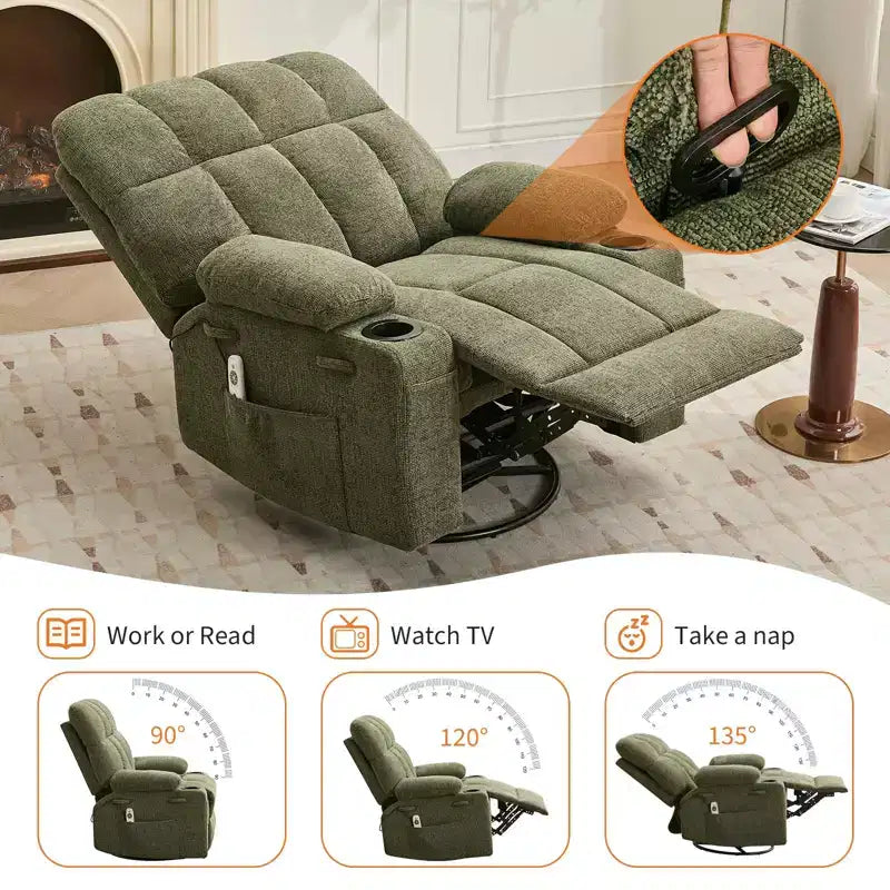 Fauteuil inclinable de massage surdimensionné ultra-confortable avec chauffage, pivotant manuel, support lombaire, poches latérales et deux porte-gobelets pour personnes fortes et de grande taille