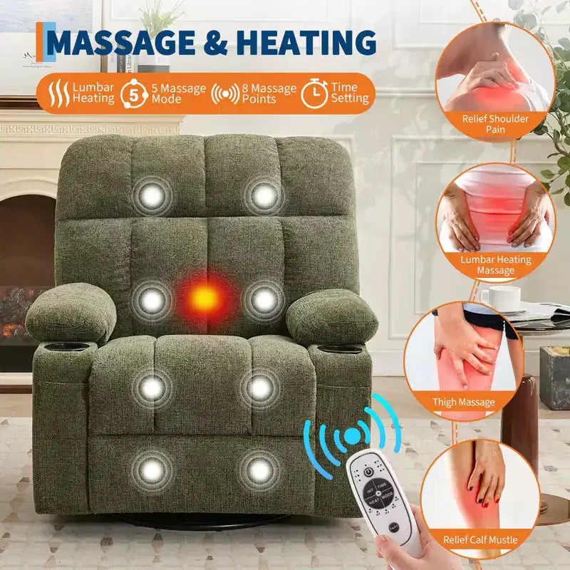 Fauteuil inclinable de massage surdimensionné ultra-confortable avec chauffage, pivotant manuel, support lombaire, poches latérales et deux porte-gobelets pour personnes fortes et de grande taille