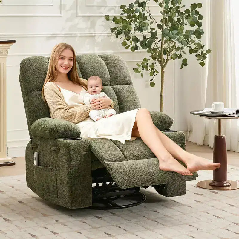 Fauteuil inclinable de massage surdimensionné ultra-confortable avec chauffage, pivotant manuel, support lombaire, poches latérales et deux porte-gobelets pour personnes fortes et de grande taille