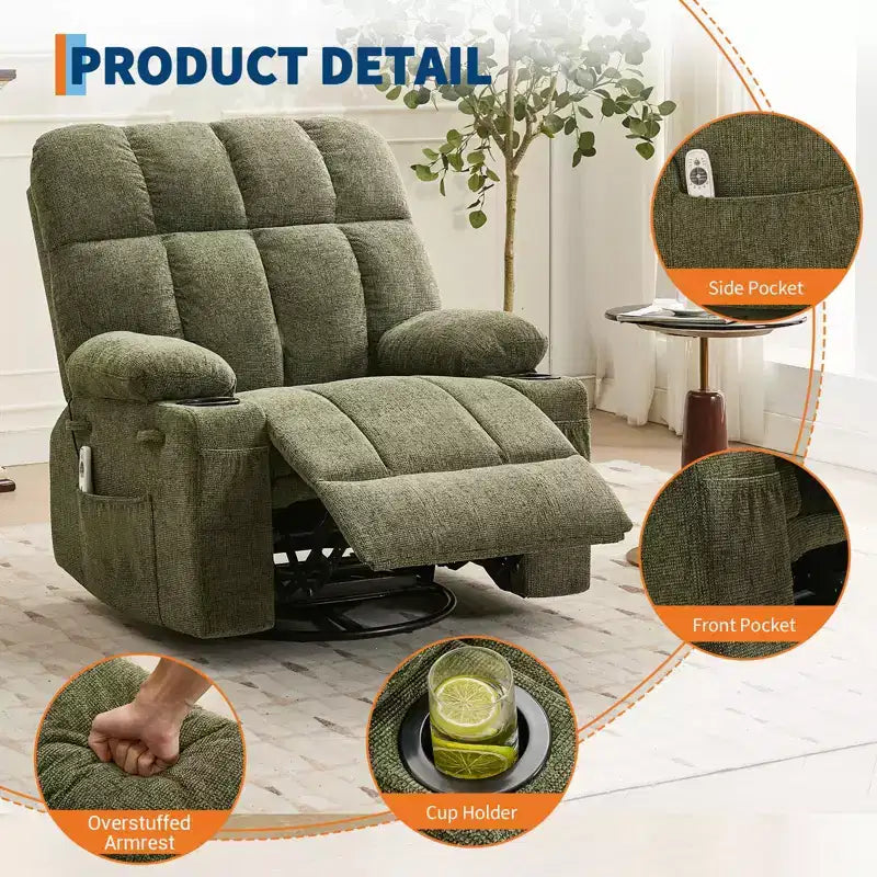 Fauteuil inclinable de massage surdimensionné ultra-confortable avec chauffage, pivotant manuel, support lombaire, poches latérales et deux porte-gobelets pour personnes fortes et de grande taille