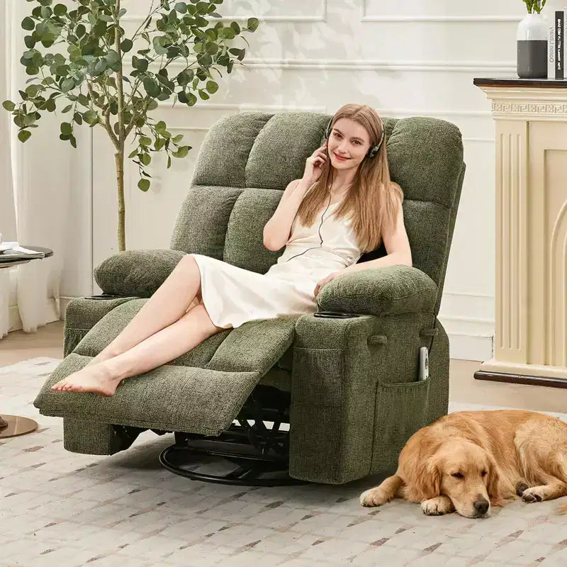Fauteuil inclinable de massage surdimensionné ultra-confortable avec chauffage, pivotant manuel, support lombaire, poches latérales et deux porte-gobelets pour personnes fortes et de grande taille