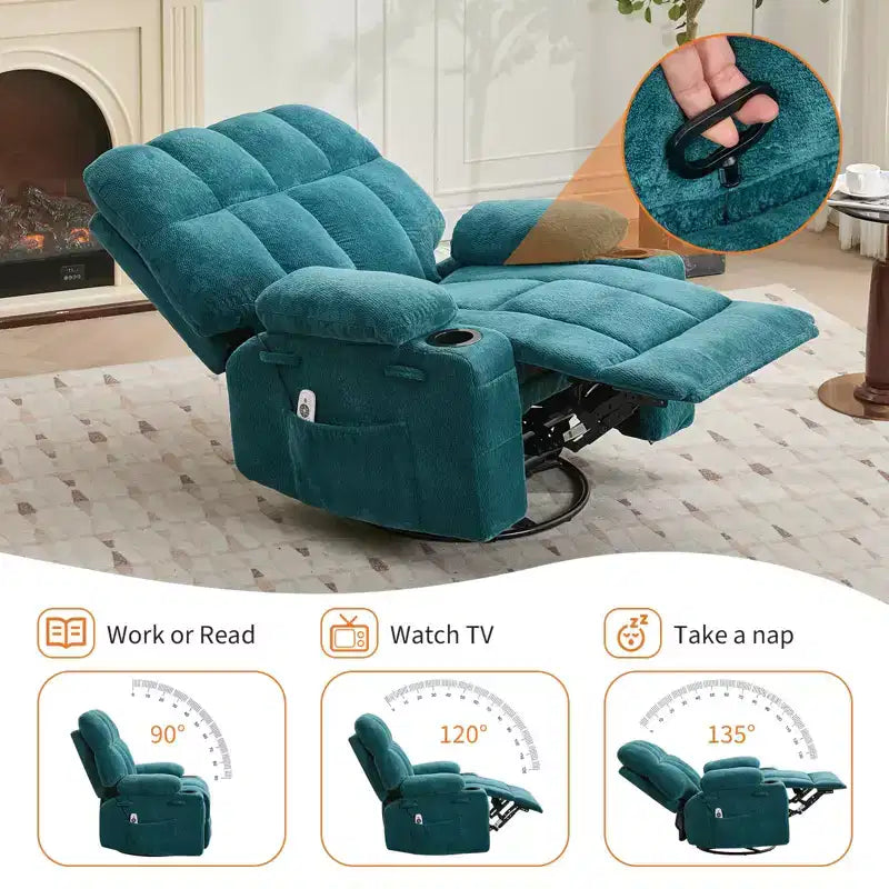 Fauteuil inclinable de massage surdimensionné ultra-confortable avec chauffage, pivotant manuel, support lombaire, poches latérales et deux porte-gobelets pour personnes fortes et de grande taille
