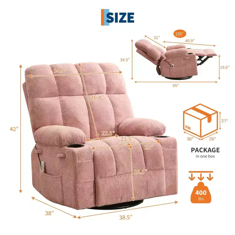 Fauteuil inclinable de massage surdimensionné ultra-confortable avec chauffage, pivotant manuel, support lombaire, poches latérales et deux porte-gobelets pour personnes fortes et de grande taille