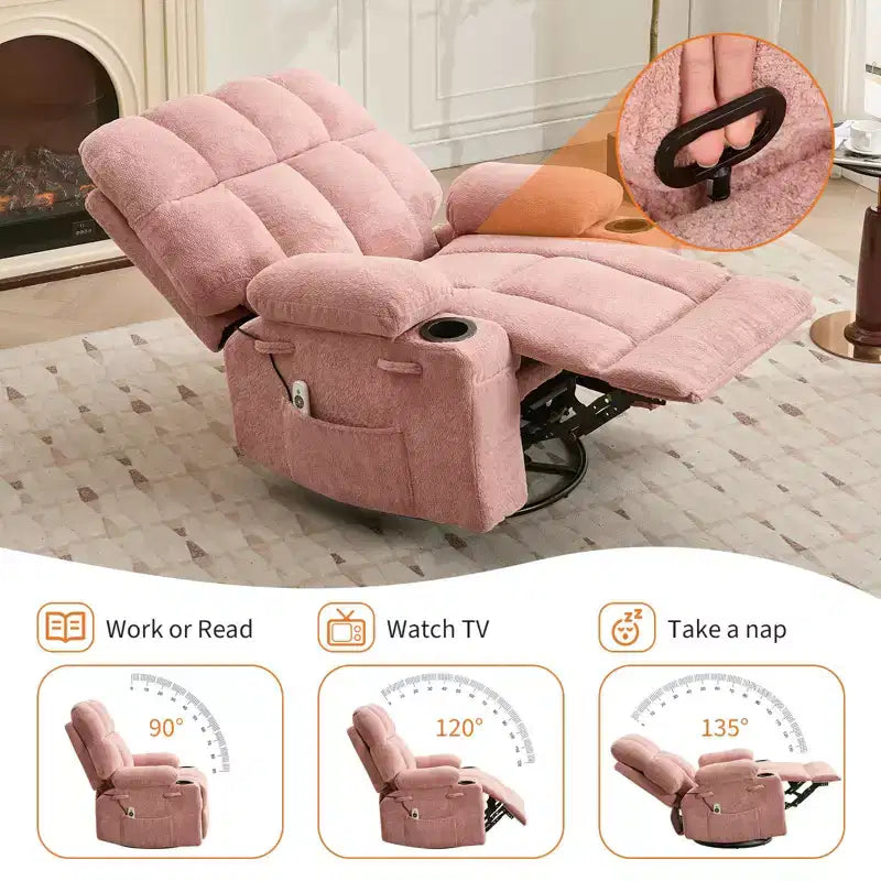 Fauteuil inclinable de massage surdimensionné ultra-confortable avec chauffage, pivotant manuel, support lombaire, poches latérales et deux porte-gobelets pour personnes fortes et de grande taille