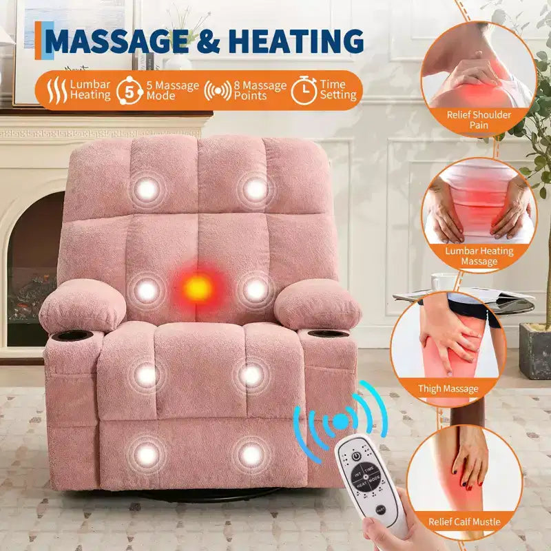 Fauteuil inclinable de massage surdimensionné ultra-confortable avec chauffage, pivotant manuel, support lombaire, poches latérales et deux porte-gobelets pour personnes fortes et de grande taille