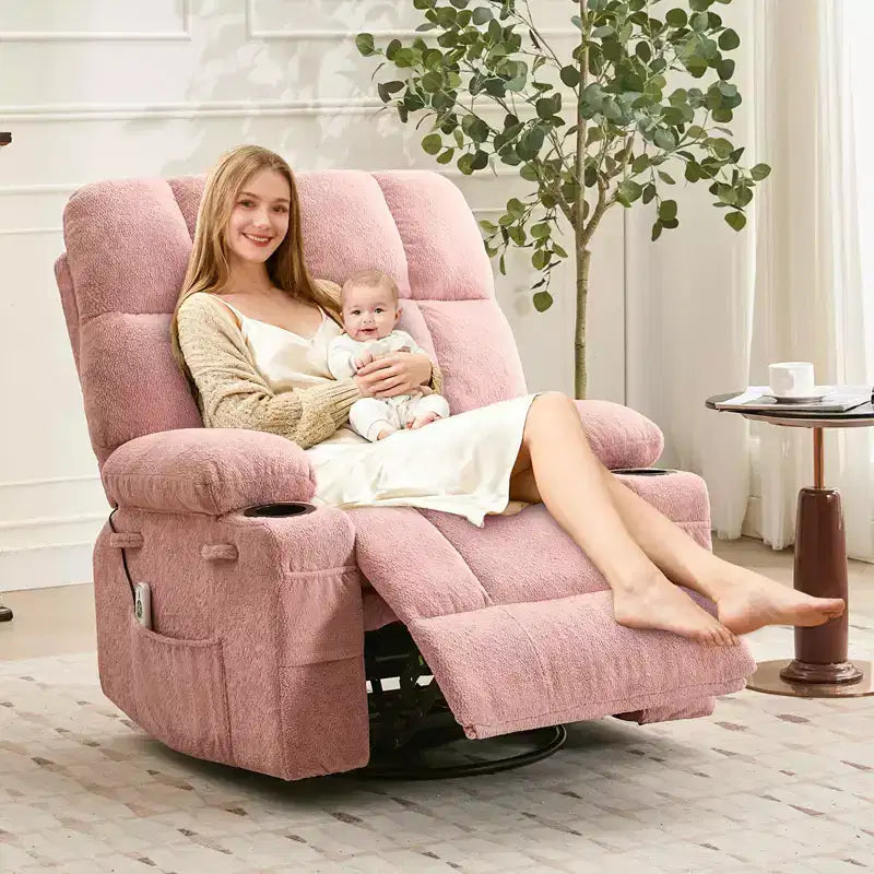 Fauteuil inclinable de massage surdimensionné ultra-confortable avec chauffage, pivotant manuel, support lombaire, poches latérales et deux porte-gobelets pour personnes fortes et de grande taille