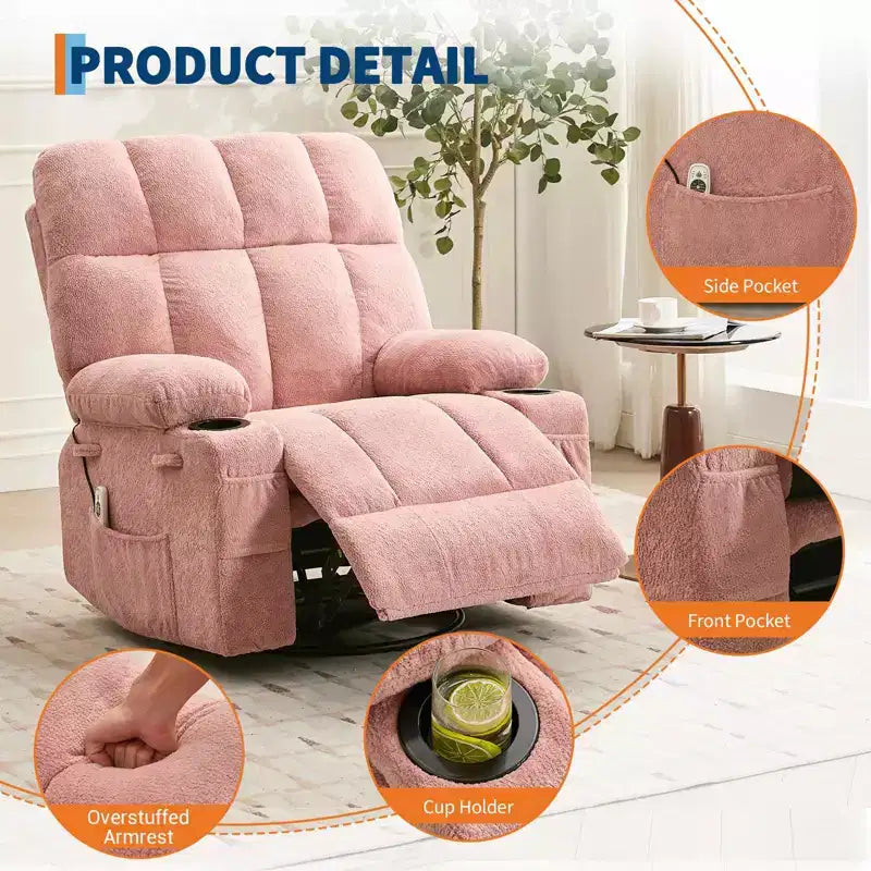 Fauteuil inclinable de massage surdimensionné ultra-confortable avec chauffage, pivotant manuel, support lombaire, poches latérales et deux porte-gobelets pour personnes fortes et de grande taille