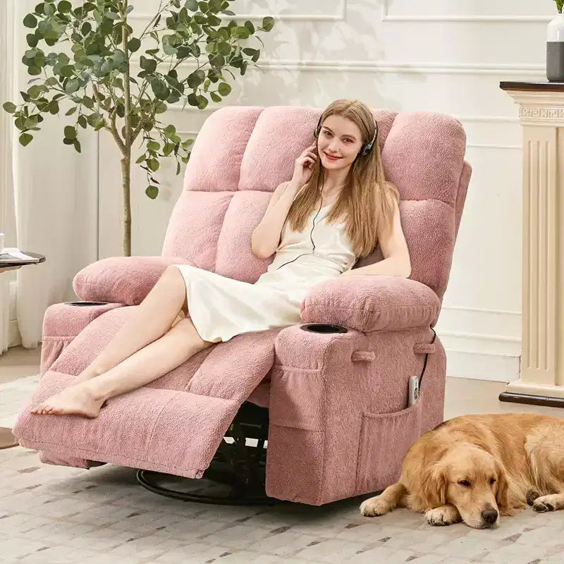 Fauteuil inclinable de massage surdimensionné ultra-confortable avec chauffage, pivotant manuel, support lombaire, poches latérales et deux porte-gobelets pour personnes fortes et de grande taille