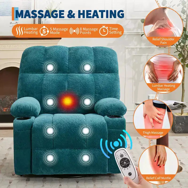Fauteuil inclinable de massage surdimensionné ultra-confortable avec chauffage, pivotant manuel, support lombaire, poches latérales et deux porte-gobelets pour personnes fortes et de grande taille