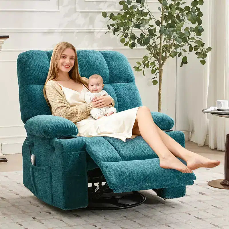 Fauteuil inclinable de massage surdimensionné ultra-confortable avec chauffage, pivotant manuel, support lombaire, poches latérales et deux porte-gobelets pour personnes fortes et de grande taille