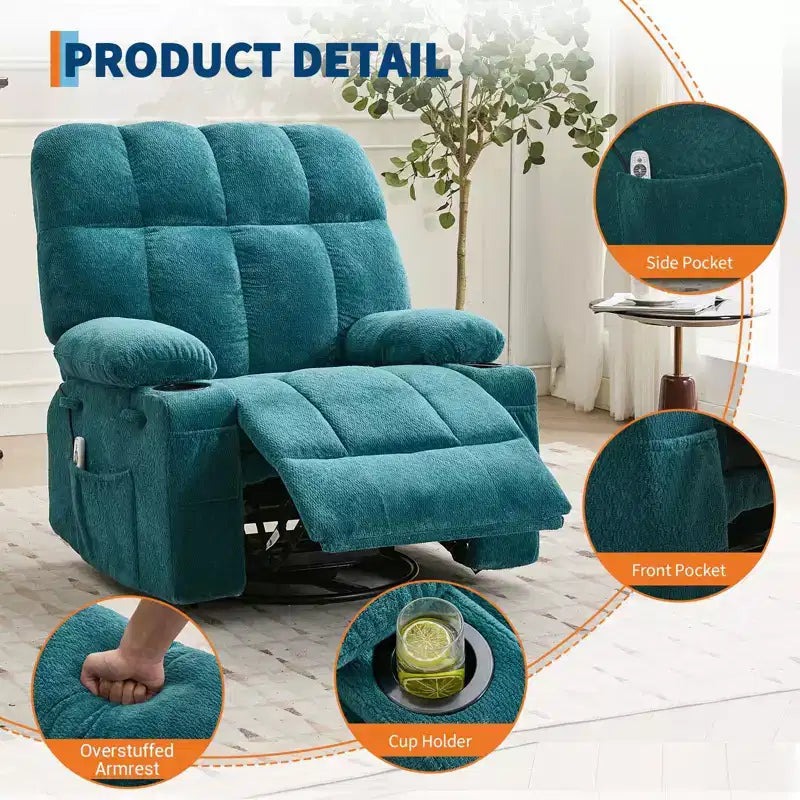 Fauteuil inclinable de massage surdimensionné ultra-confortable avec chauffage, pivotant manuel, support lombaire, poches latérales et deux porte-gobelets pour personnes fortes et de grande taille