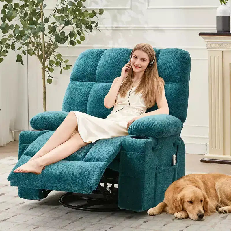 Fauteuil inclinable de massage surdimensionné ultra-confortable avec chauffage, pivotant manuel, support lombaire, poches latérales et deux porte-gobelets pour personnes fortes et de grande taille