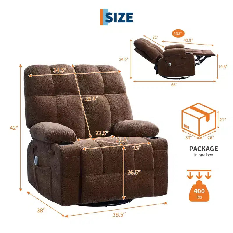 Fauteuil inclinable de massage surdimensionné ultra-confortable avec chauffage, pivotant manuel, support lombaire, poches latérales et deux porte-gobelets pour personnes fortes et de grande taille