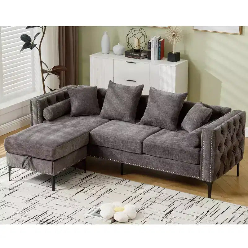Divano sezionale moderno in ciniglia a 4 posti Zarin 85 di GDFStudio con pouf contenitore