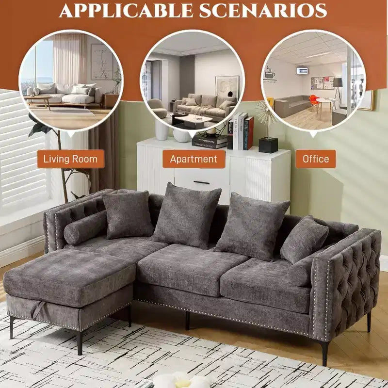 Divano sezionale moderno in ciniglia a 4 posti Zarin 85 di GDFStudio con pouf contenitore